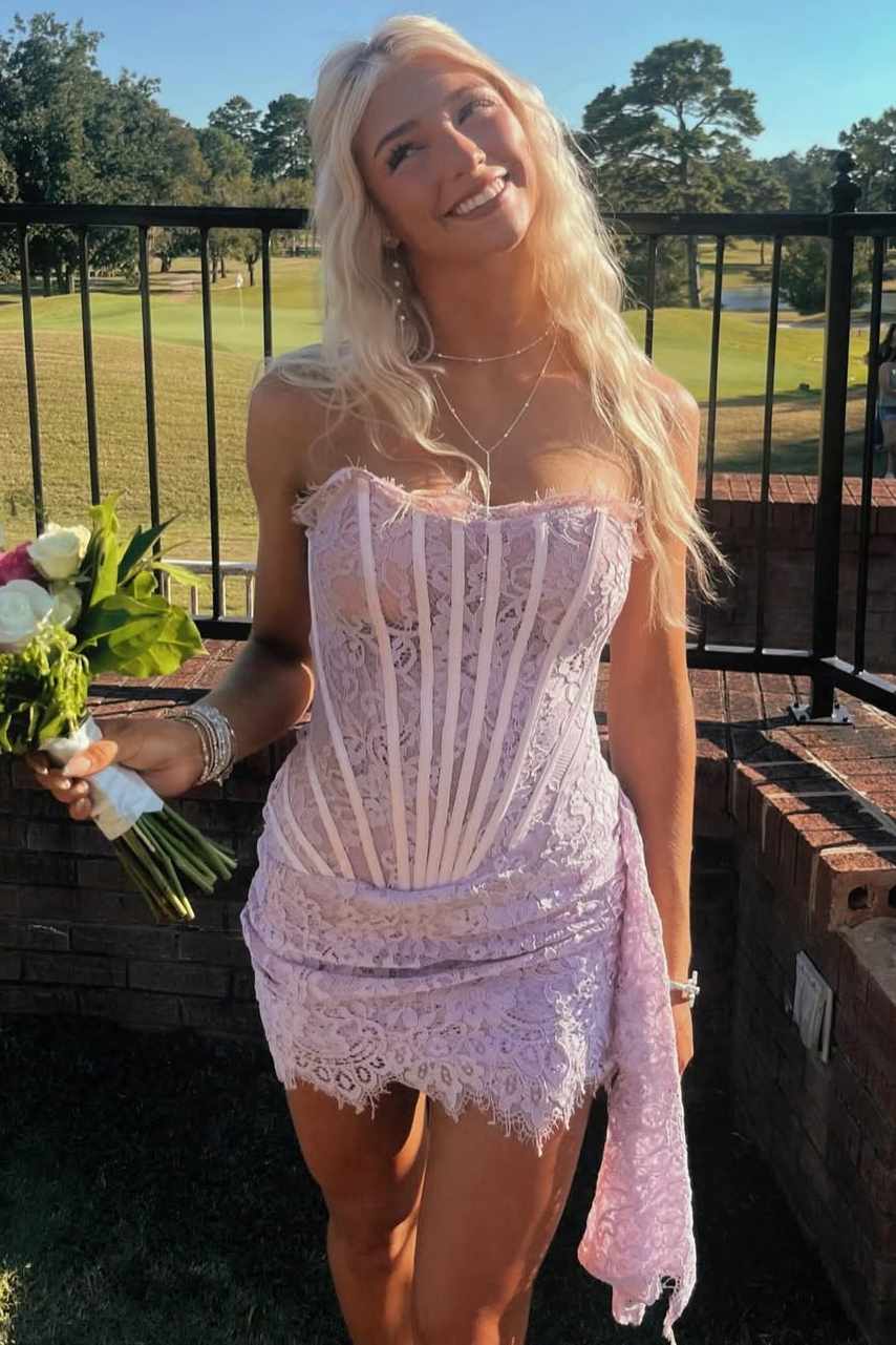 Strapless Lace Corset Mini Dress with Side Drape