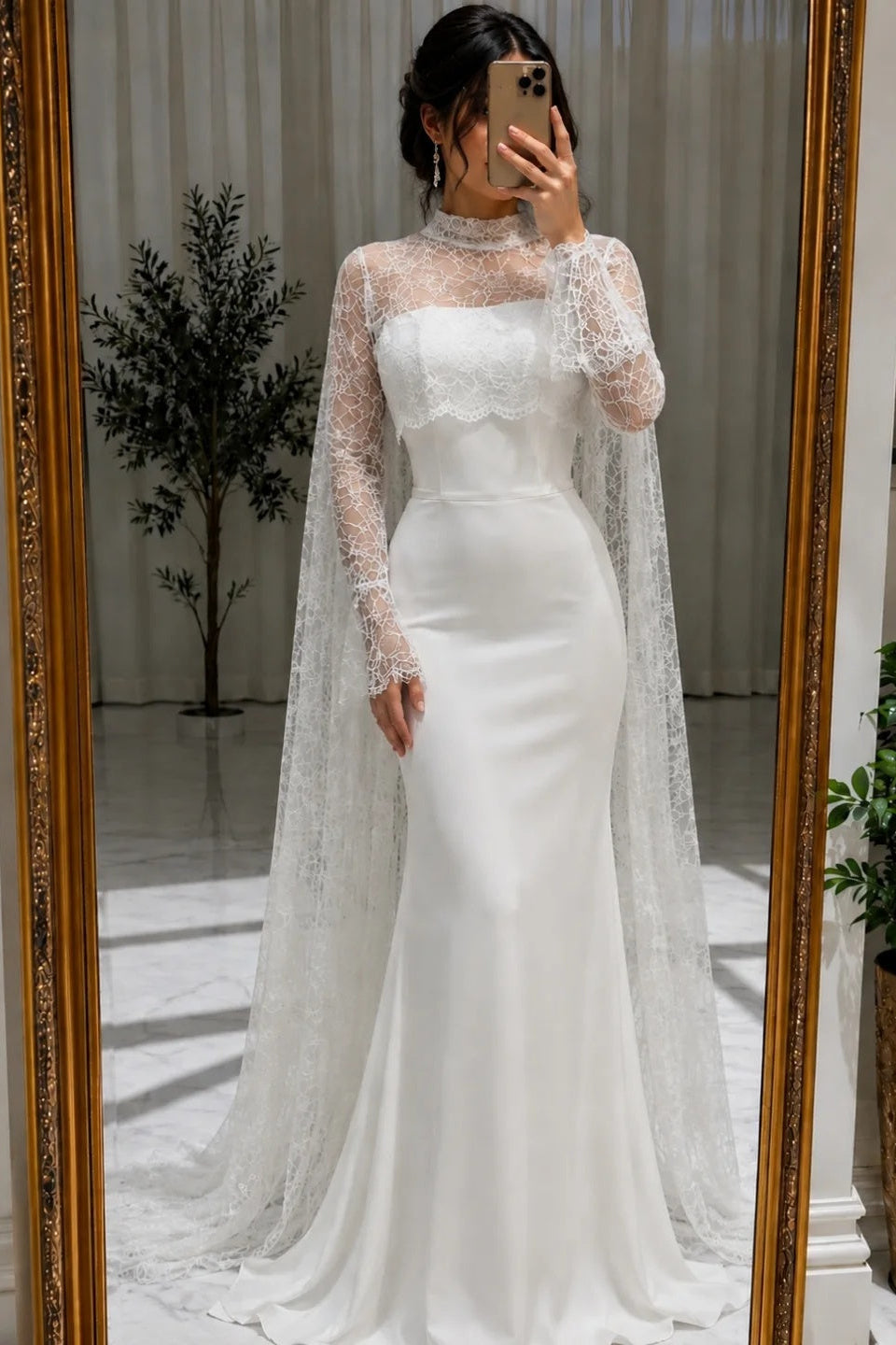 High-Neck Lace Mermaid Gown with Cape
