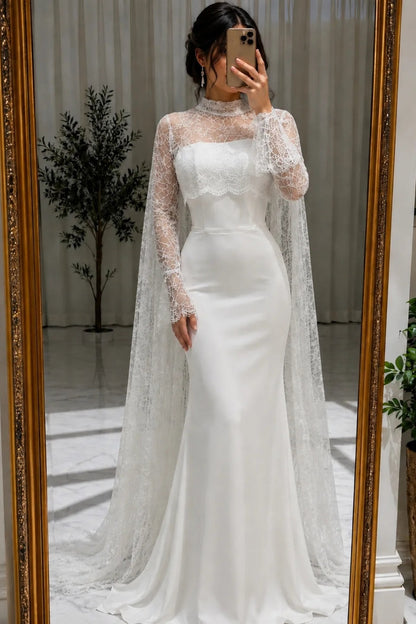 High-Neck Lace Mermaid Gown with Cape