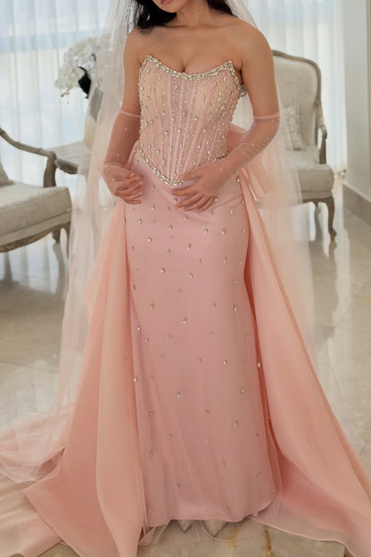 Strapless Corset Gown with Rhinestones & Bow Train