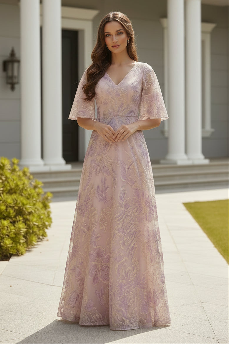 Floral Jacquard A-Line Gown with Flutter Sleeves