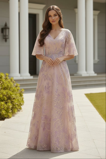 Floral Jacquard A-Line Gown with Flutter Sleeves