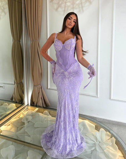 Beaded Lace Corset Mermaid Evening Dress