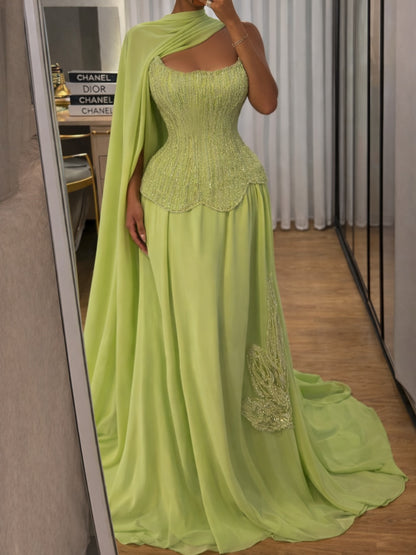 Beaded Corset Evening Gown with Draped Cape