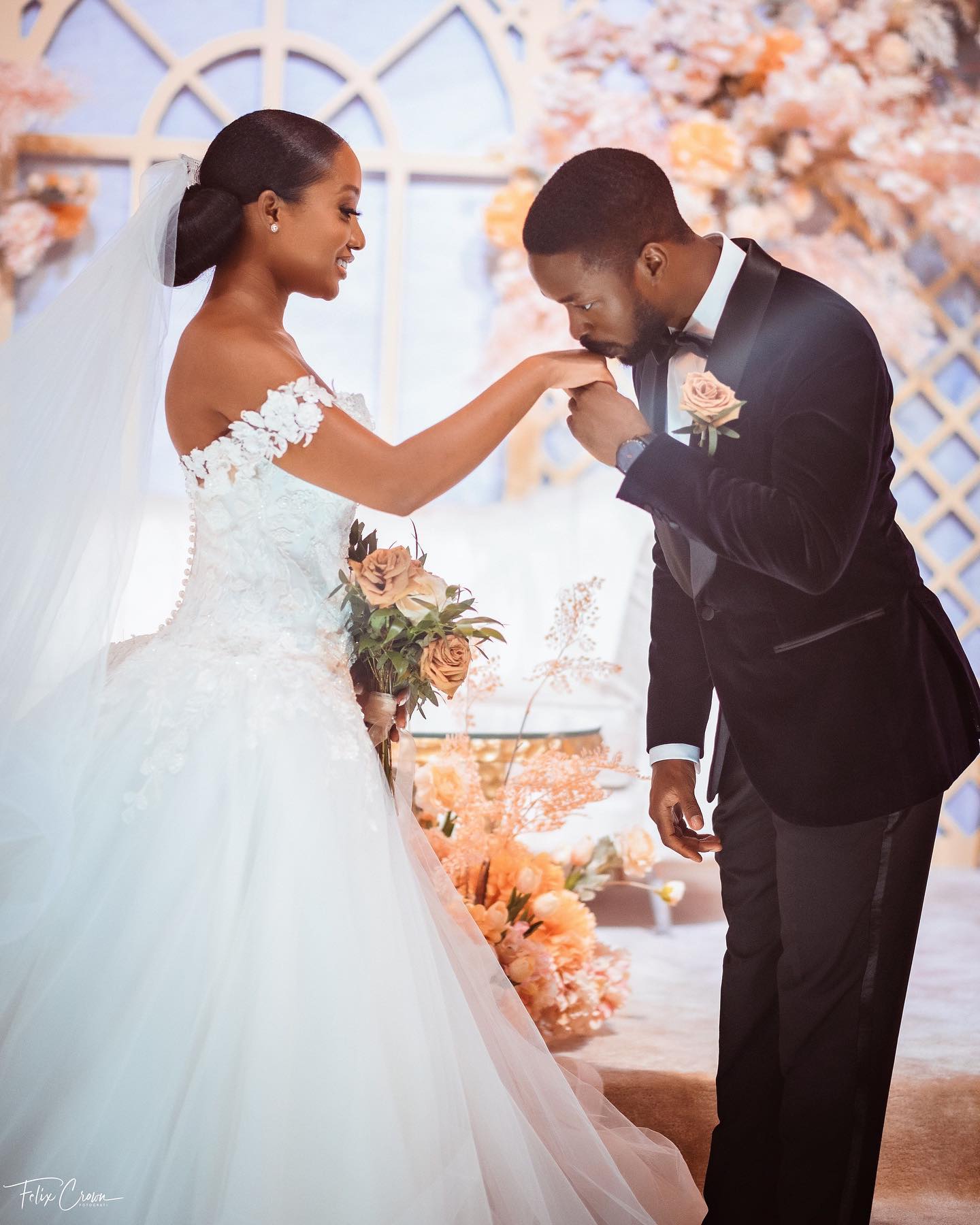 Off-the-Shoulder Lace Applique Ball Gown Wedding Dress