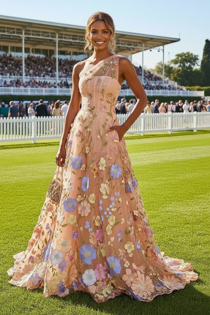 One-Shoulder Floral 3D Applique Gown with Pockets