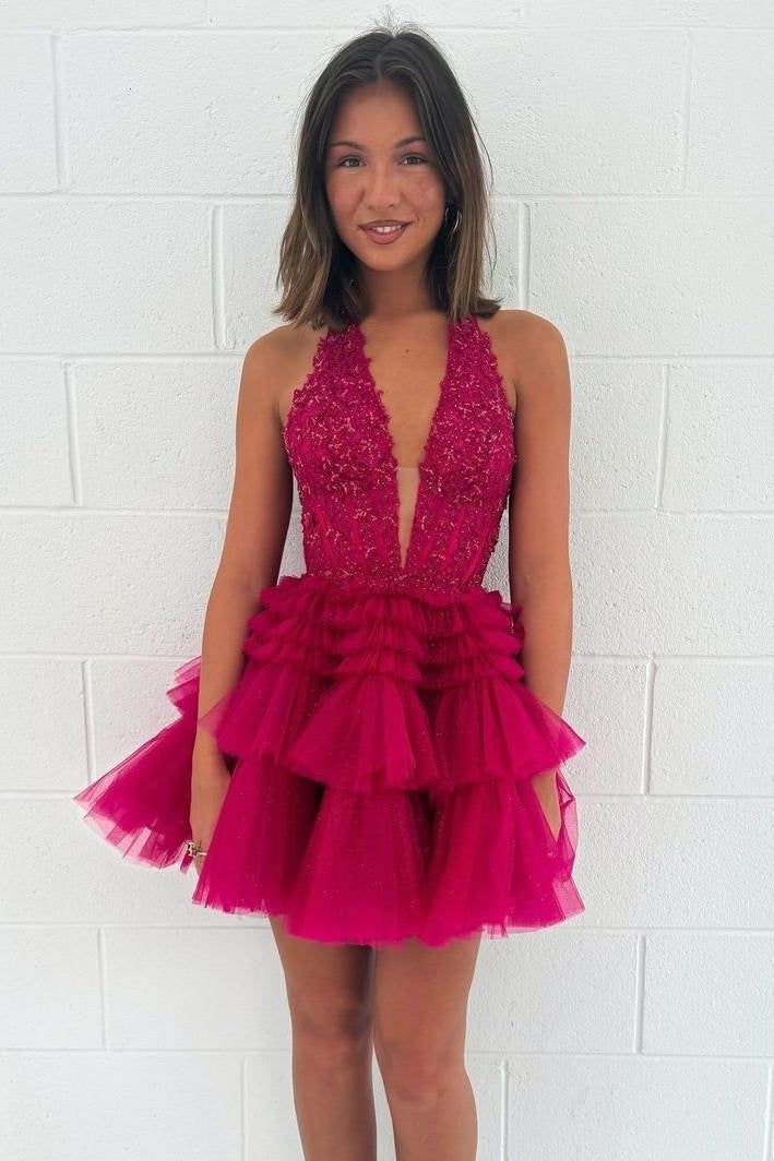 Tiered Tulle Halter Homecoming Dress