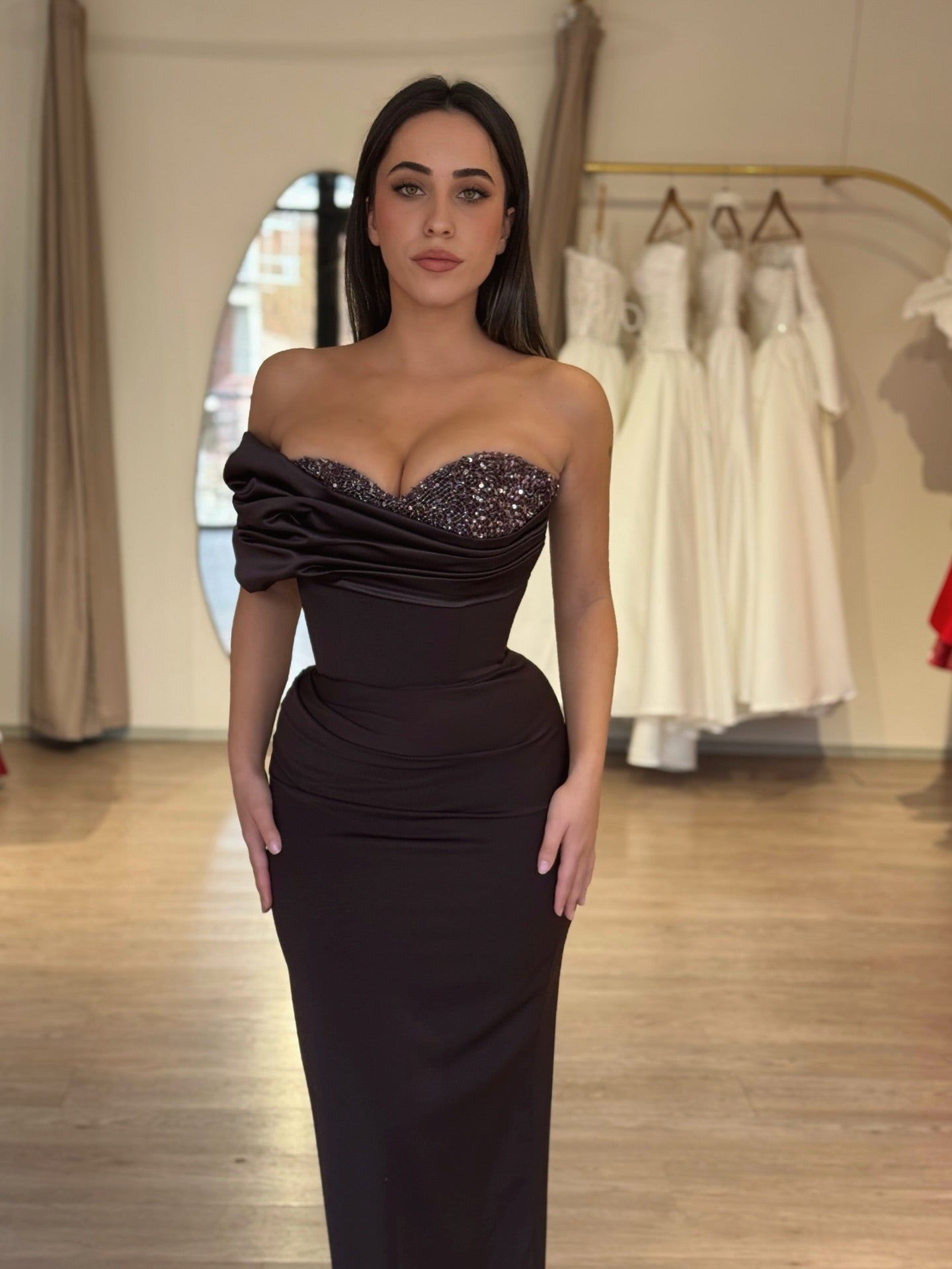 Asymmetrical Beaded Sweetheart Satin Evening Gown