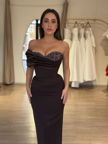 Asymmetrical Beaded Sweetheart Satin Evening Gown