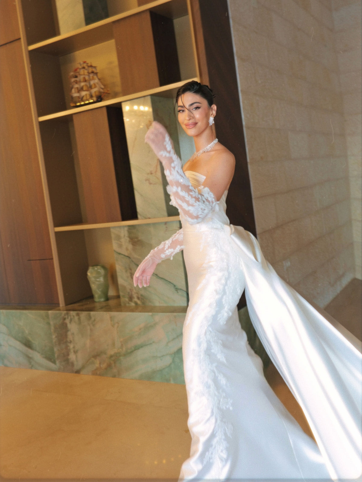 Strapless Satin Wedding Dress with Lace Train