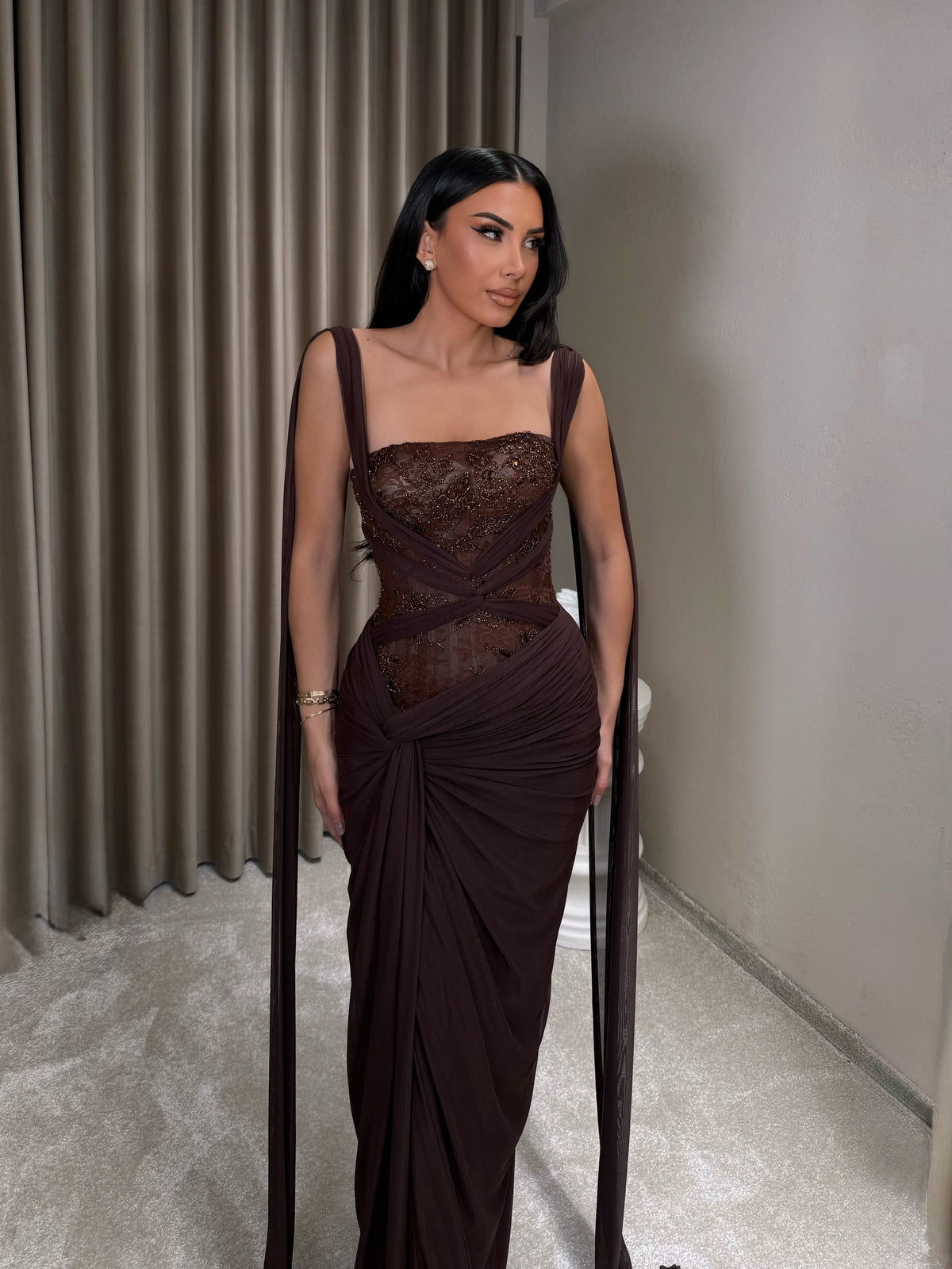 Corset Evening Gown with Beaded Bodice & Cape Straps