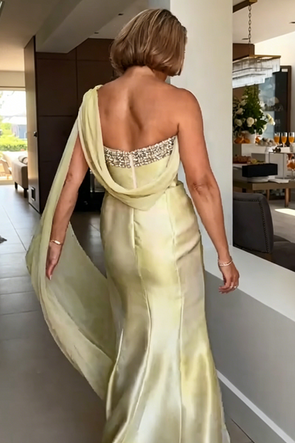 One-Shoulder Pleated Satin Evening Gown