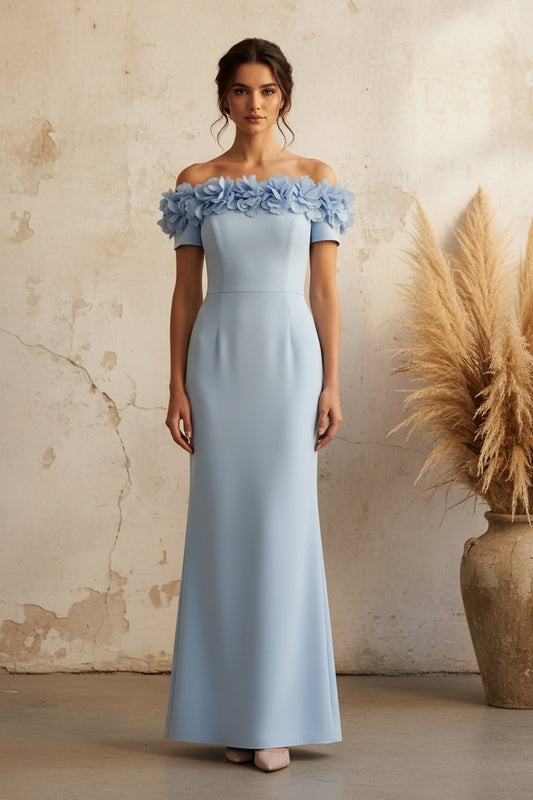 Off-the-Shoulder 3D Floral Sheath Evening Gown