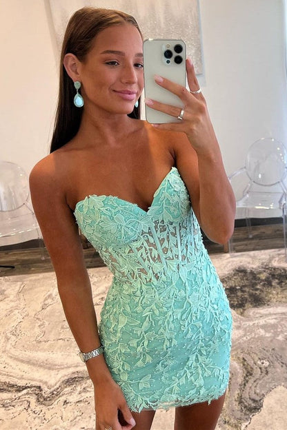 Strapless Lace Applique Corset Homecoming Dress