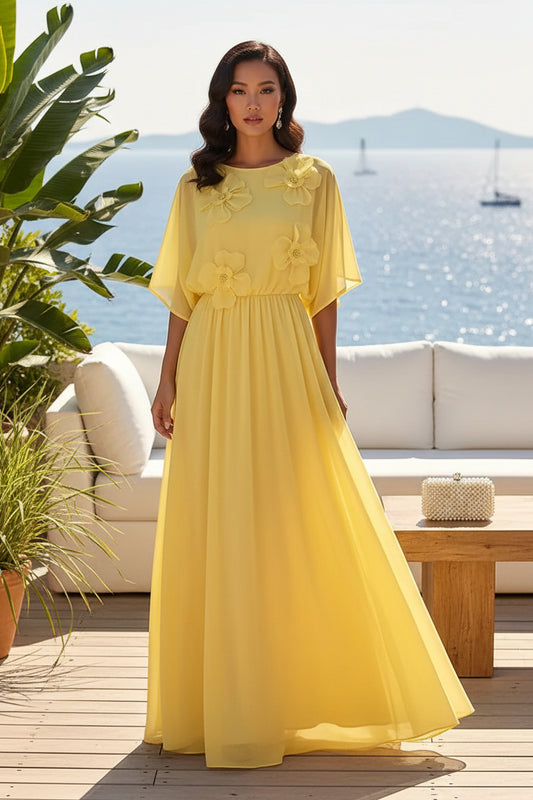 Chiffon Flutter Sleeve Maxi Dress with 3D Flowers