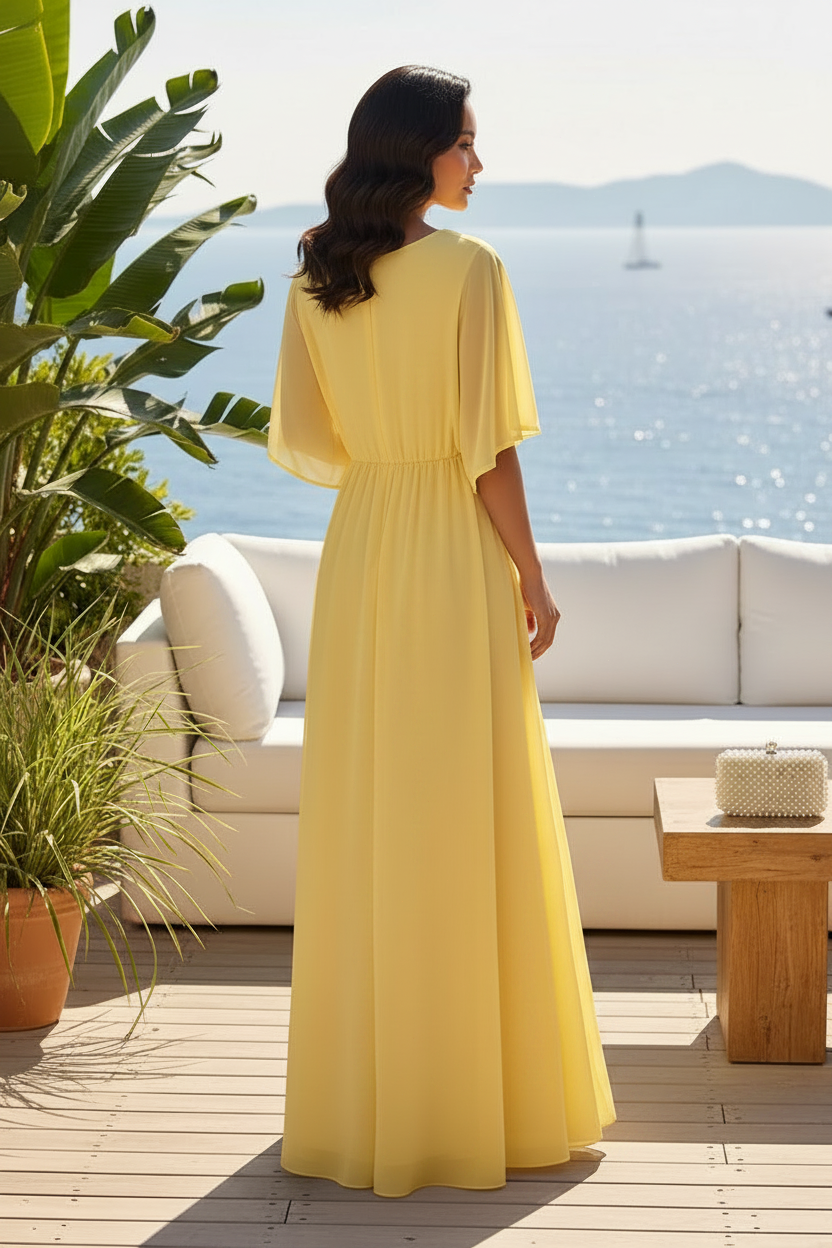 Chiffon Flutter Sleeve Maxi Dress with 3D Flowers