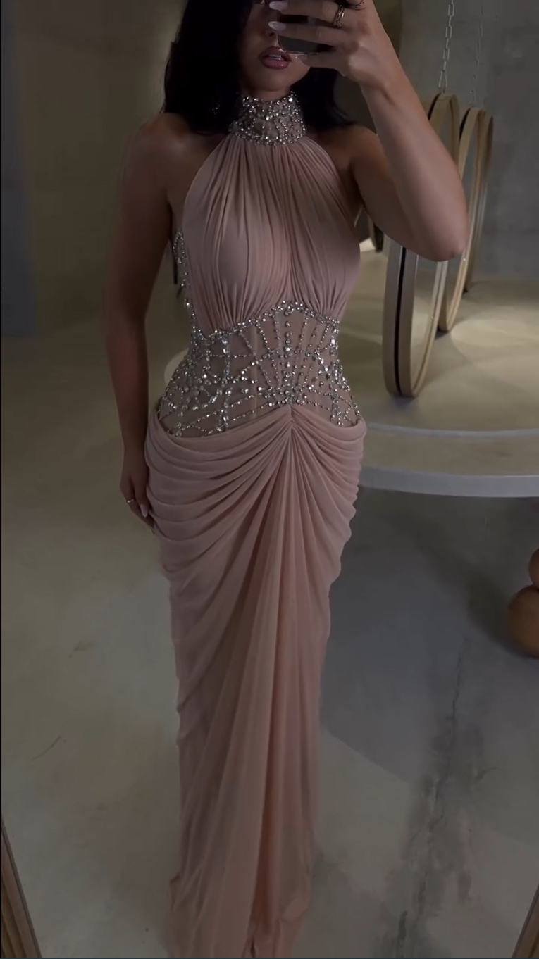 Halter Neck Beaded Corset Evening Gown with Draped Skirt