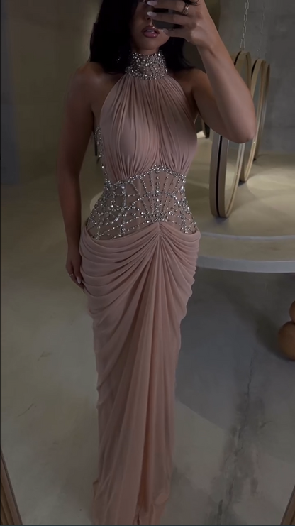 Halter Neck Beaded Corset Evening Gown with Draped Skirt