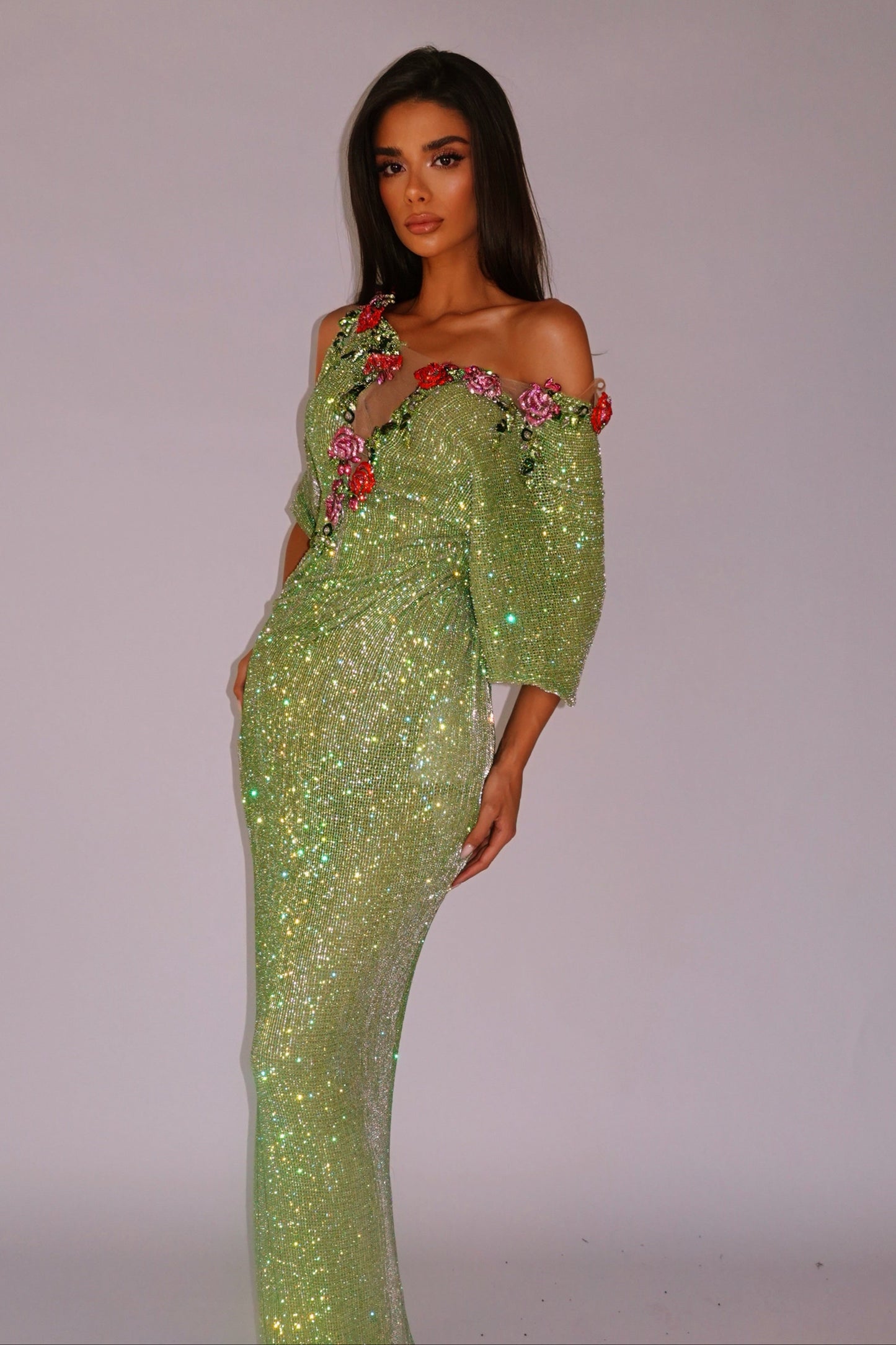 Asymmetric Glitter Column Gown with 3D Flowers