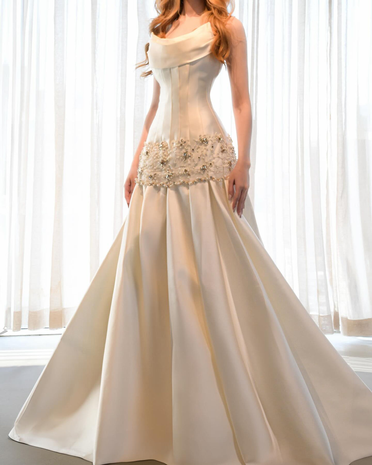 Cowl Neck Drop-Waist Beaded Gown