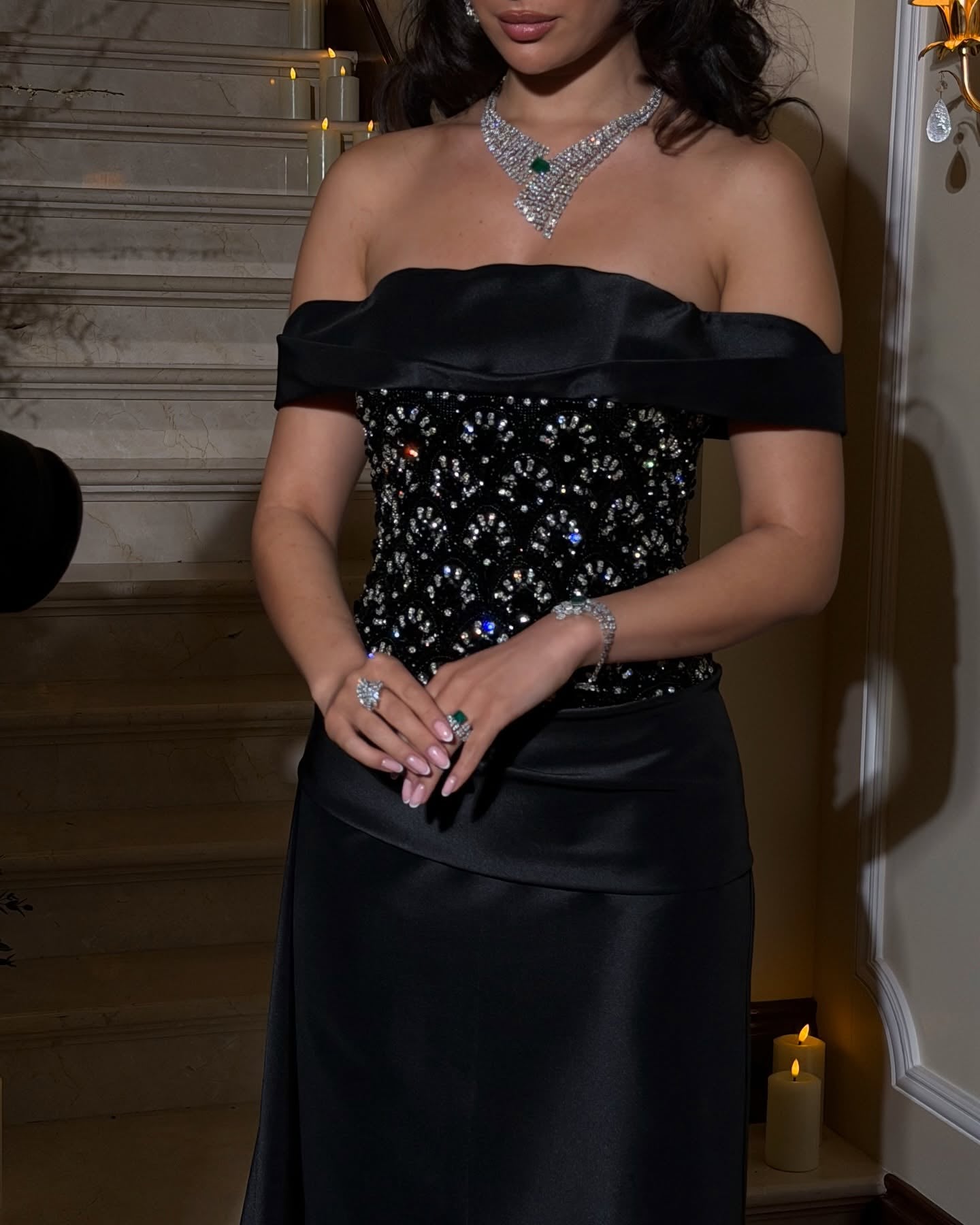 Off-the-Shoulder Beaded Satin Evening Gown