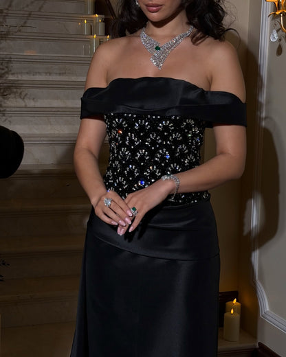 Off-the-Shoulder Beaded Satin Evening Gown