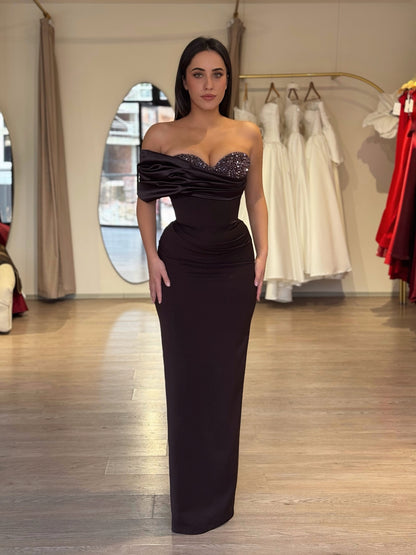 Asymmetrical Beaded Sweetheart Satin Evening Gown
