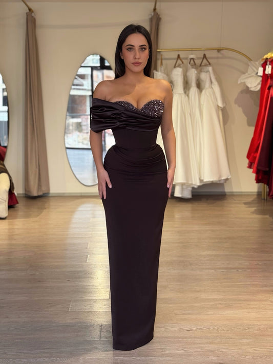 Asymmetrical Beaded Sweetheart Satin Evening Gown