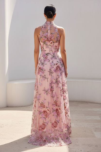 High-Neck Floral Embroidered Maxi Dress with Pockets