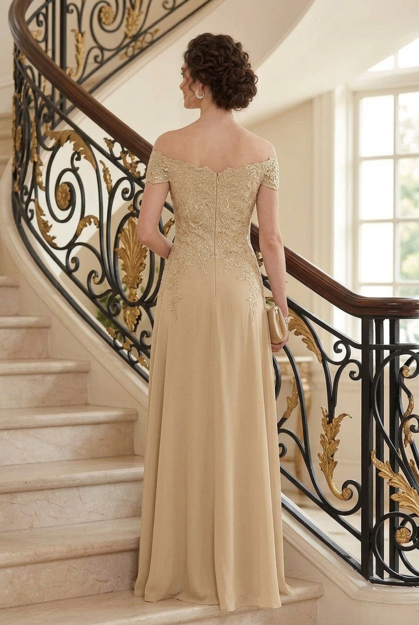 Off-the-Shoulder Lace Applique Floor-Length Gown