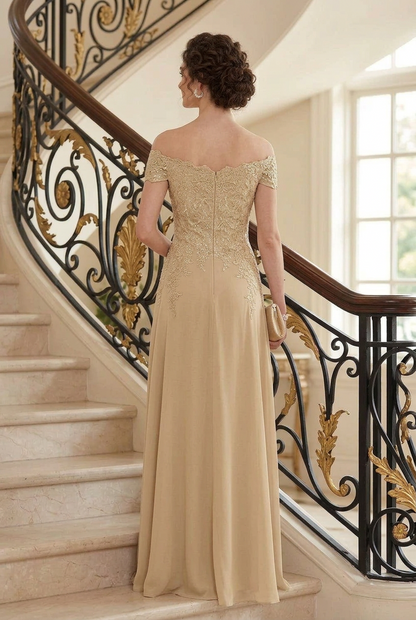 Off-the-Shoulder Lace Applique Floor-Length Gown