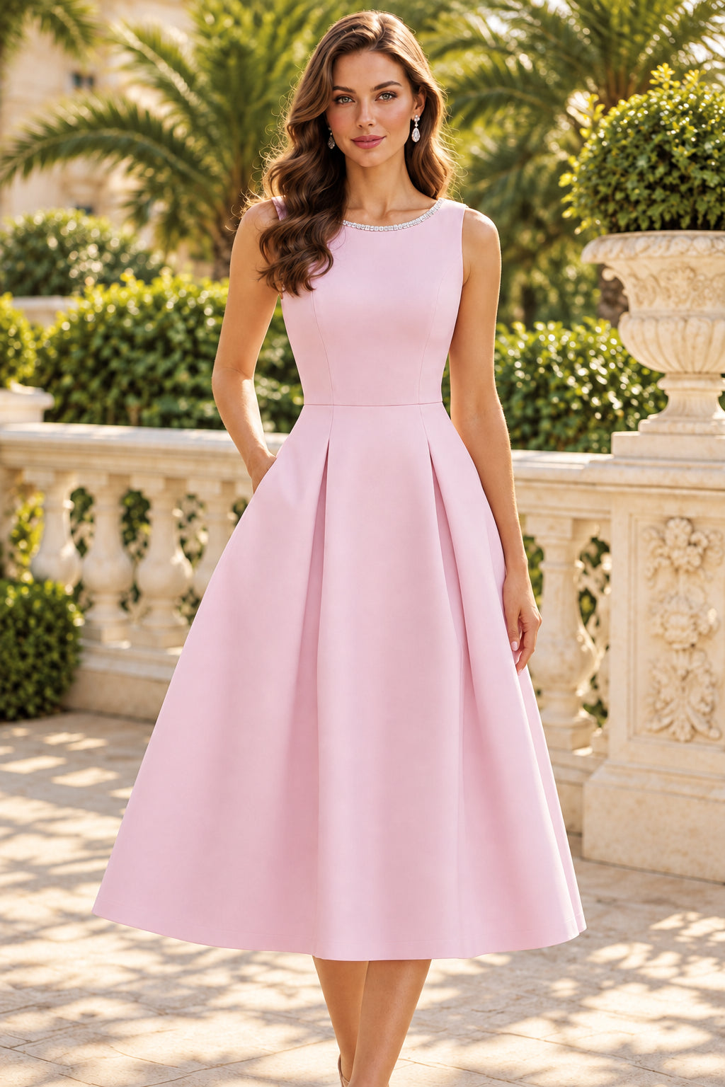 Pleated A-Line Midi Dress with Beaded Neckline
