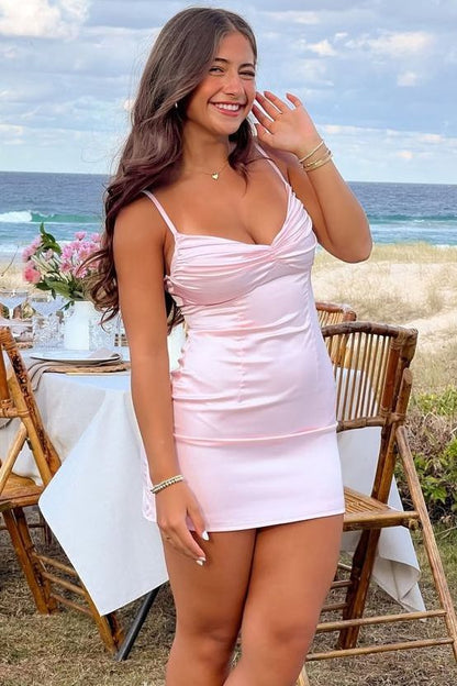 Ruched Sweetheart Satin Bodycon Mini Dress