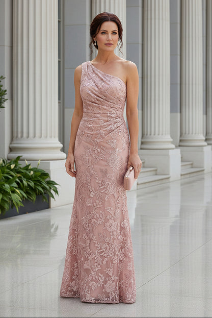 One-Shoulder Embroidered Ruched Evening Gown