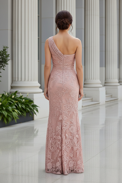 One-Shoulder Embroidered Ruched Evening Gown
