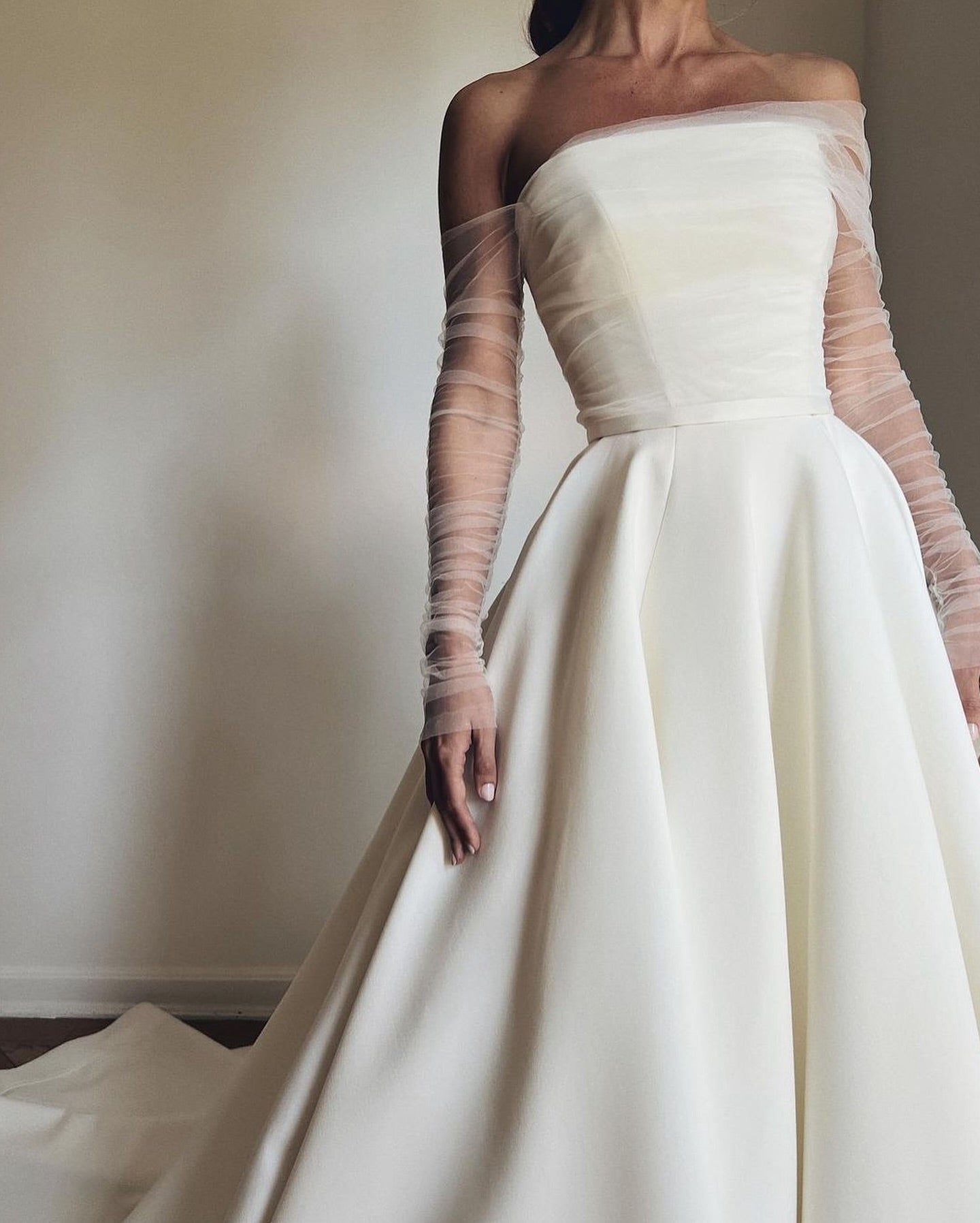 Off-the-Shoulder Ruched Tulle Satin Wedding Dress