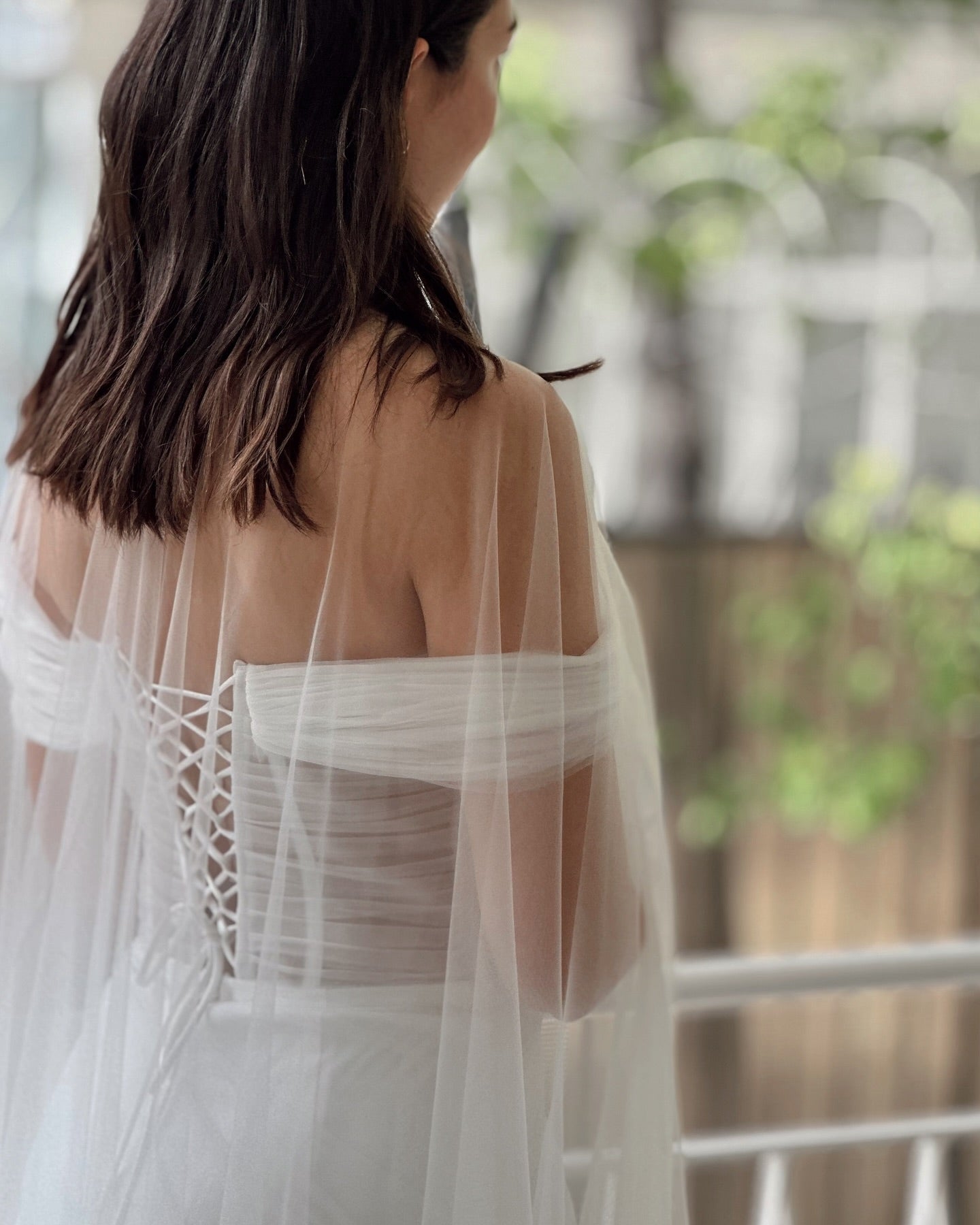 Off-The-Shoulder Tulle Corset Wedding Dress with Cape