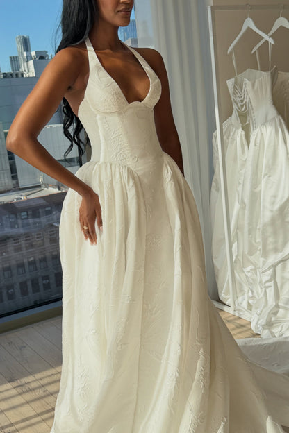 Floral Jacquard Halter Wedding Dress with Train