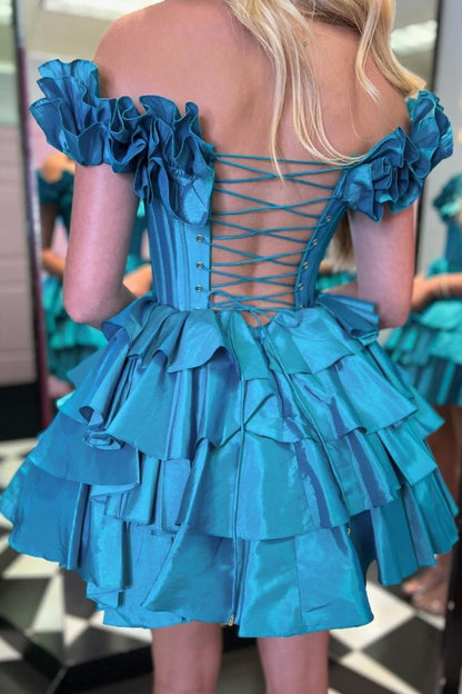 Off-the-Shoulder Corset Tiered Ruffle Mini Dress