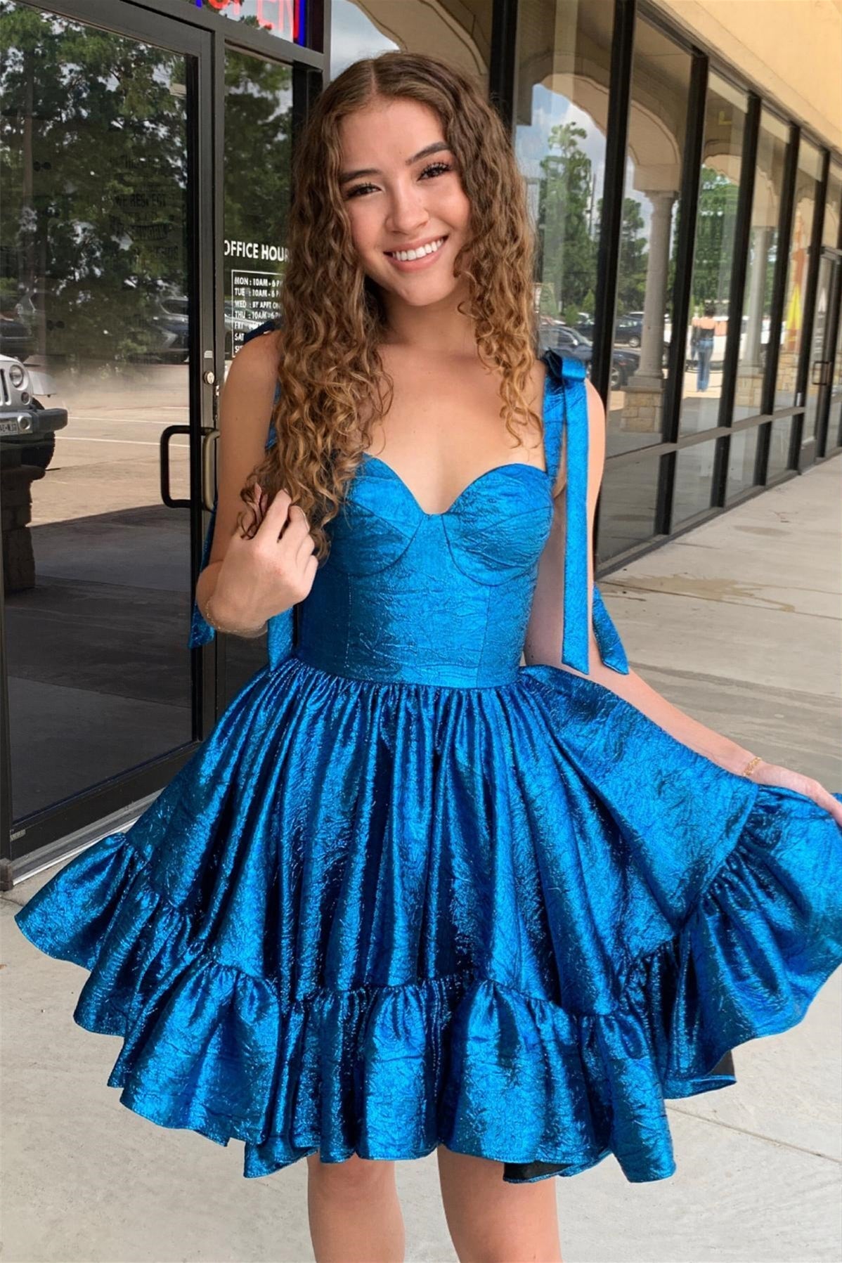 Metallic Tie-Strap Sweetheart Ruffle Mini Dress
