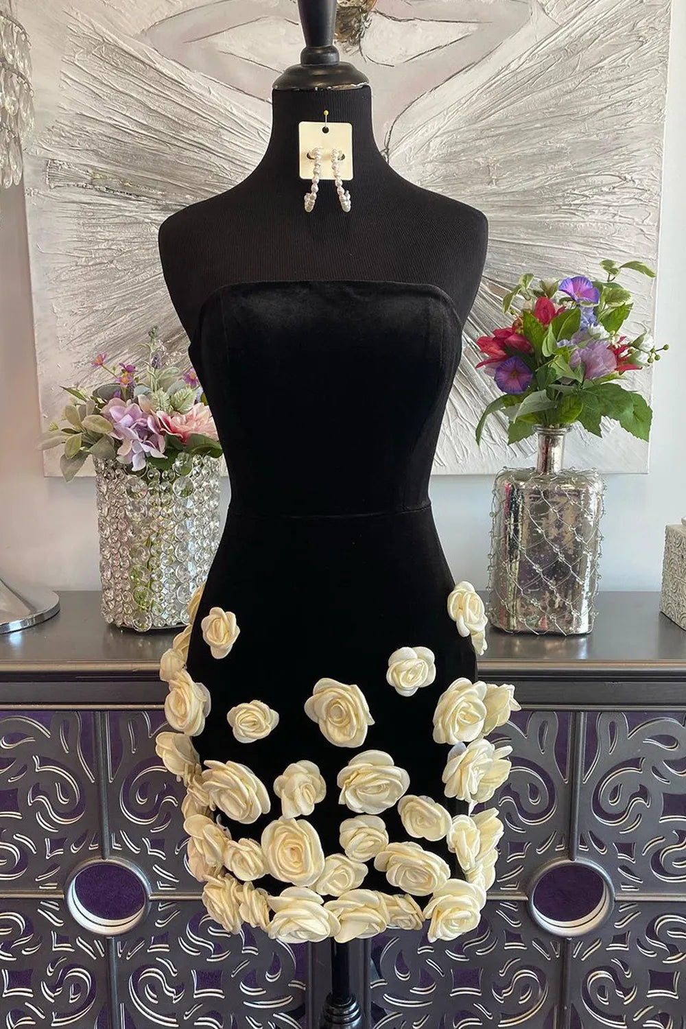 Strapless Velvet Mini Dress with 3D Rose Appliques