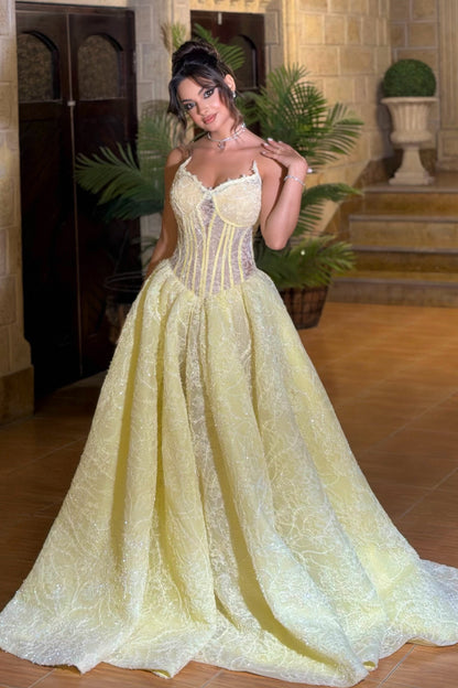 Glitter Lace Corset Ball Gown with Spaghetti Straps