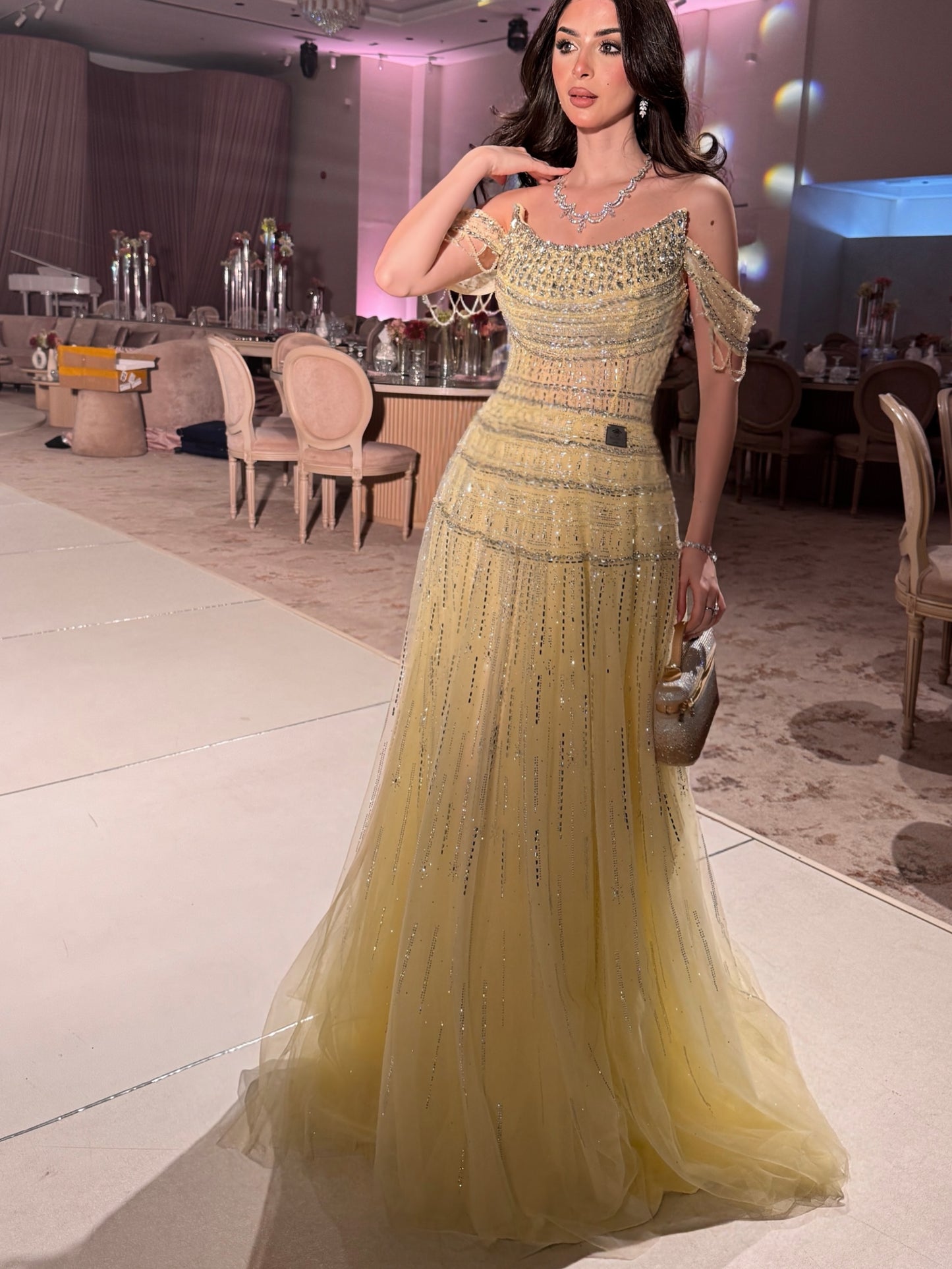 Beaded Off-the-Shoulder Tulle A-Line Evening Gown