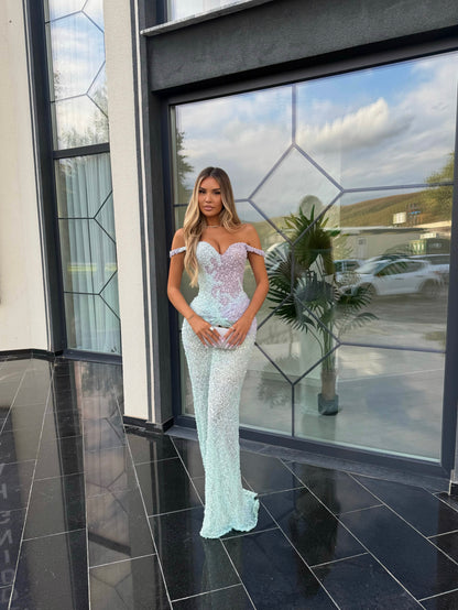 Off-the-Shoulder Sequin Evening Gown with Slit