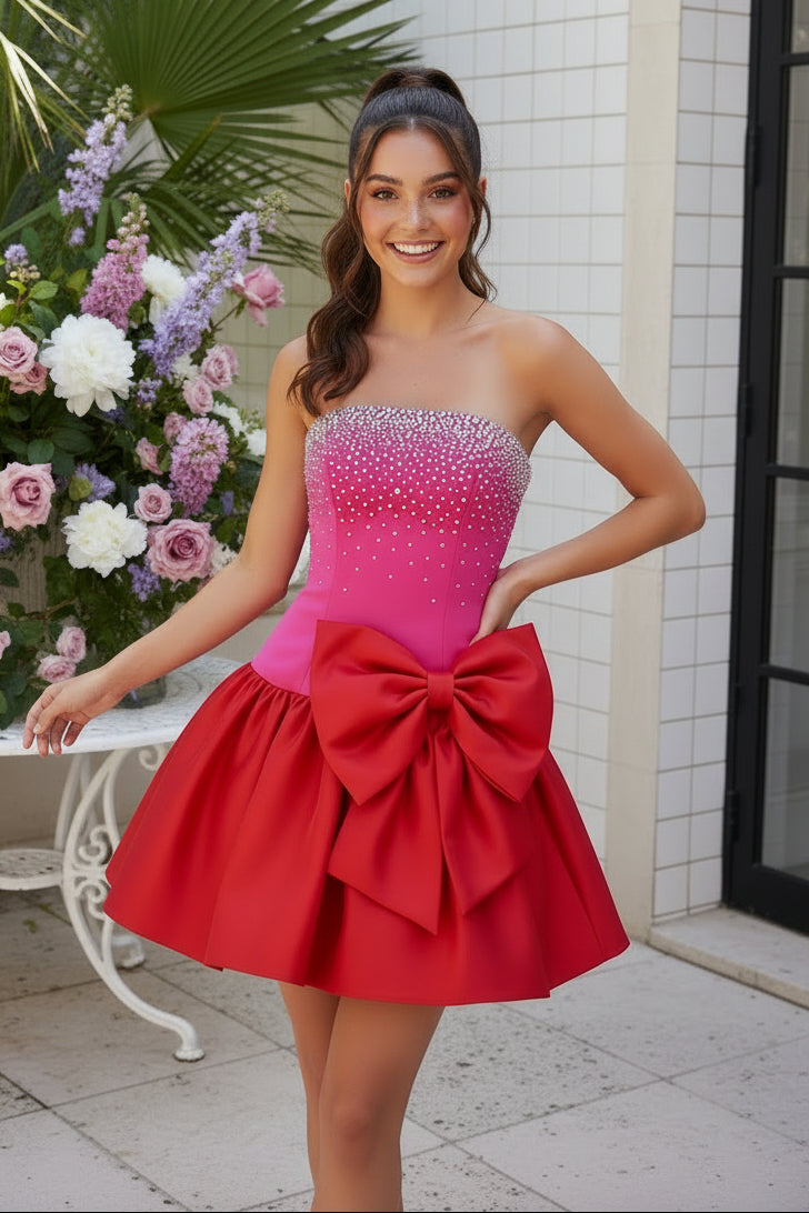 Strapless Embellished Homecoming Dress with Oversized Bow