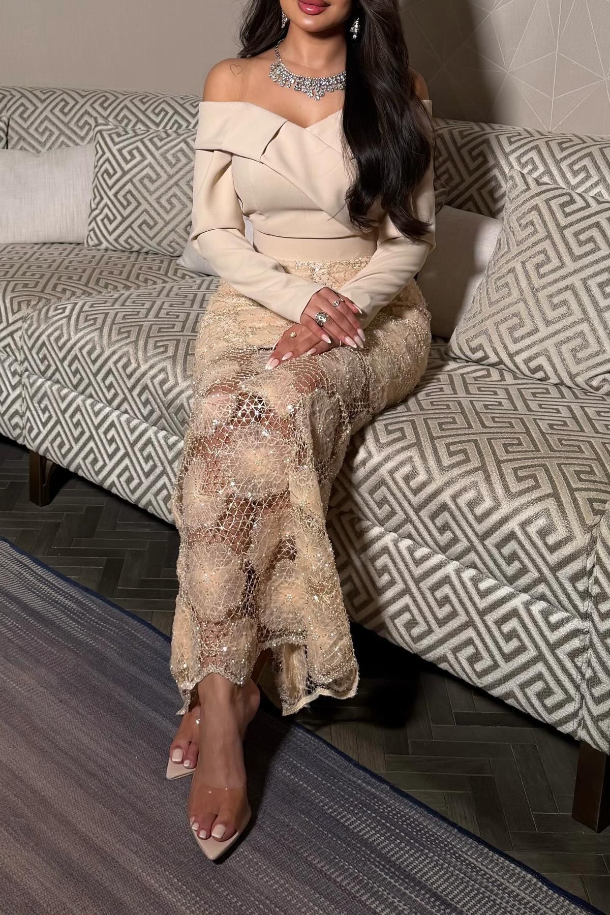 Off-the-Shoulder Long Sleeve Lace Evening Dress