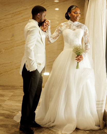 High Neck Lace Long Sleeve Ball Gown Wedding Dress