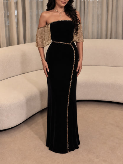 Beaded Fringe Column Gown with Trimmed Slit