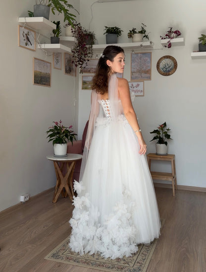 3D Floral Corset Tulle Ball Gown Wedding Dress
