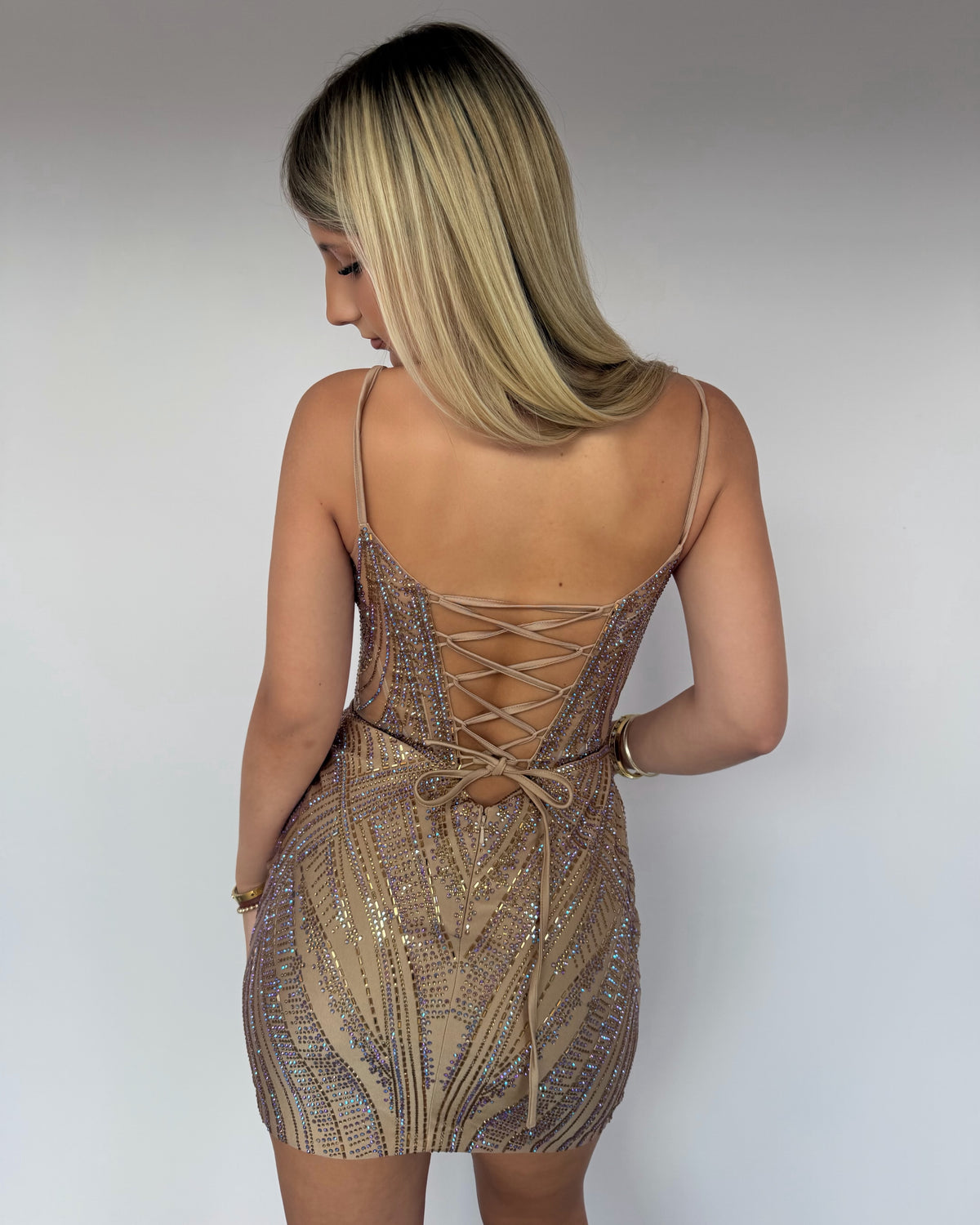 Embellished Corset Mini Dress with Lace-Up Back